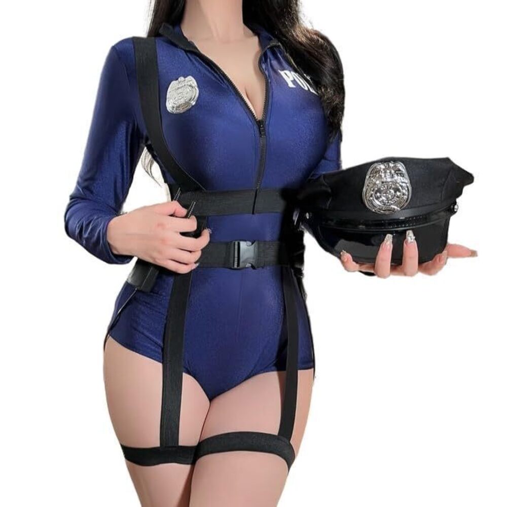 8385 Sexy Police Costume Set with Romper, Harness Belt, Hat, Walkie-Talkie